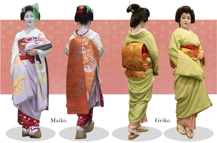 Observem os quimonos da maiko e gueixa